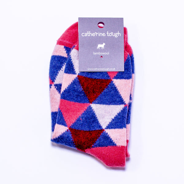 Women's Lambswool Ankle Socks - Pink & Blue Triangles