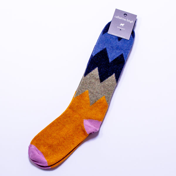 Women's Lambswool Knee Socks - Navy Zigzag