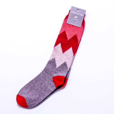 Women's Lambswool Knee Socks - Red Zigzag